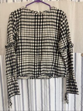 Mango Black and White Plaid Long-Sleeve Blouse